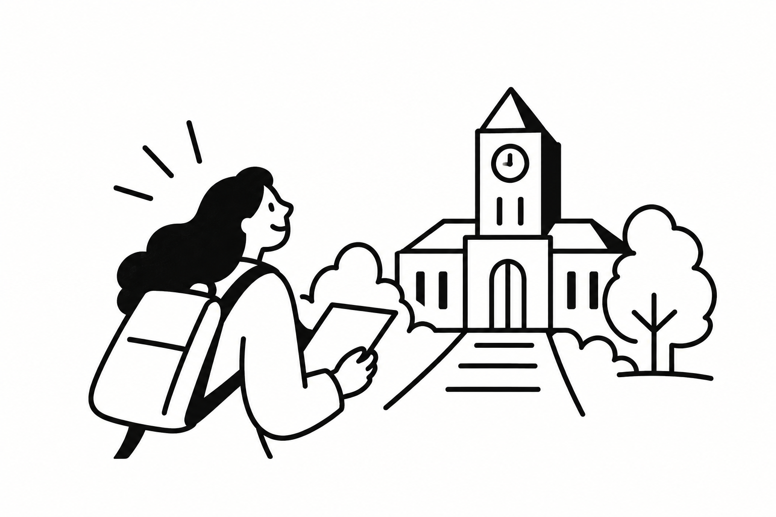 A student with a backpack arriving on campus, looking toward a clock tower