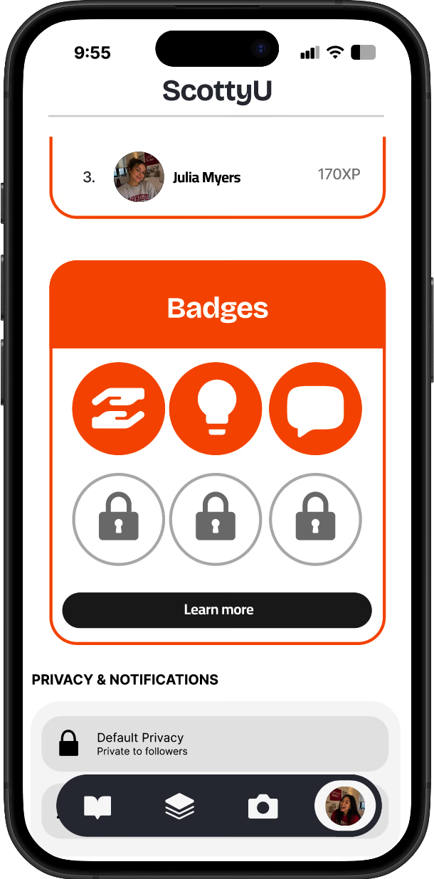 ScottyU badges screen with earned and locked attribute badges