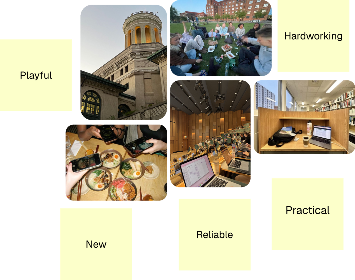 Brand keywords collage labeled Playful, Hardworking, New, Reliable, and Practical