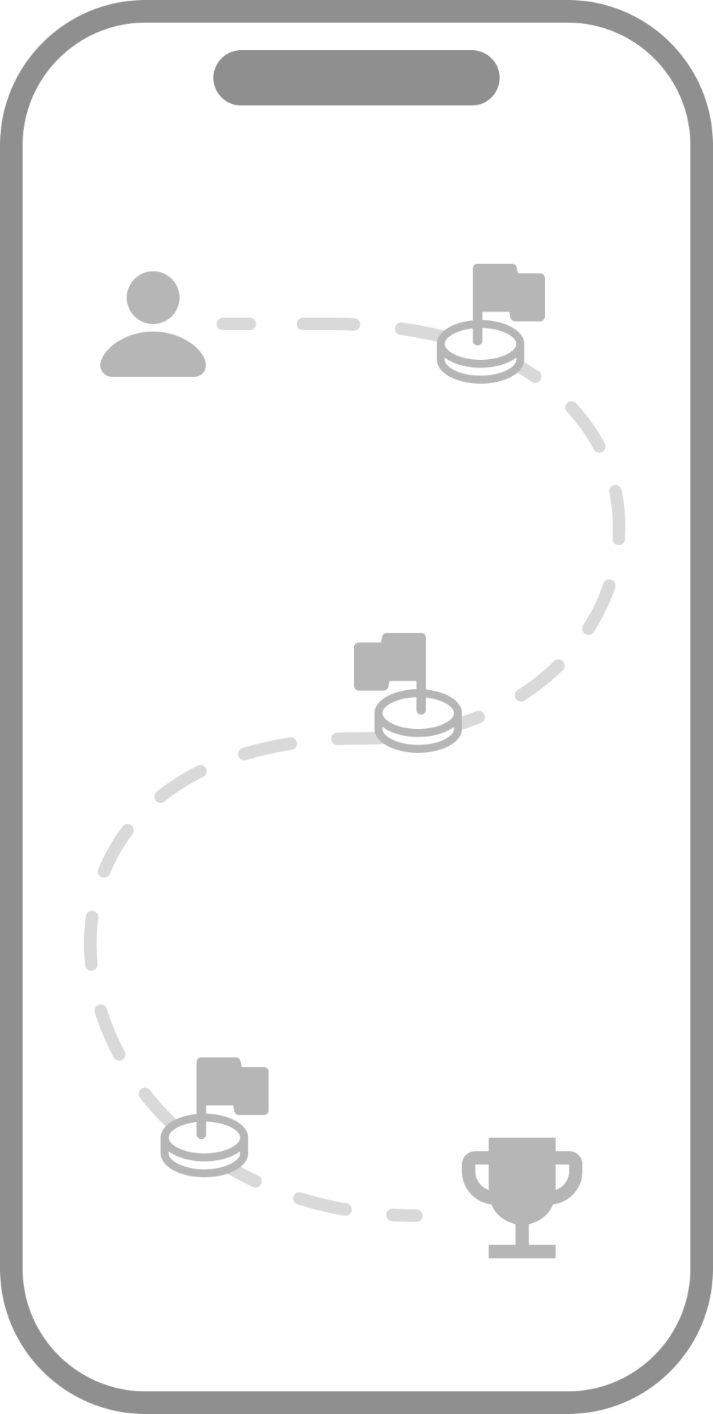 Phone showing a campus path from a student to quest flags and a trophy