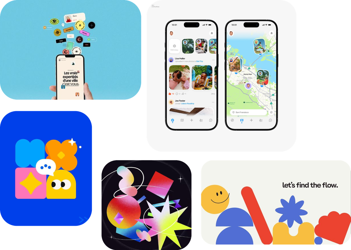 Mood board of playful app screens, maps, and colorful interface references