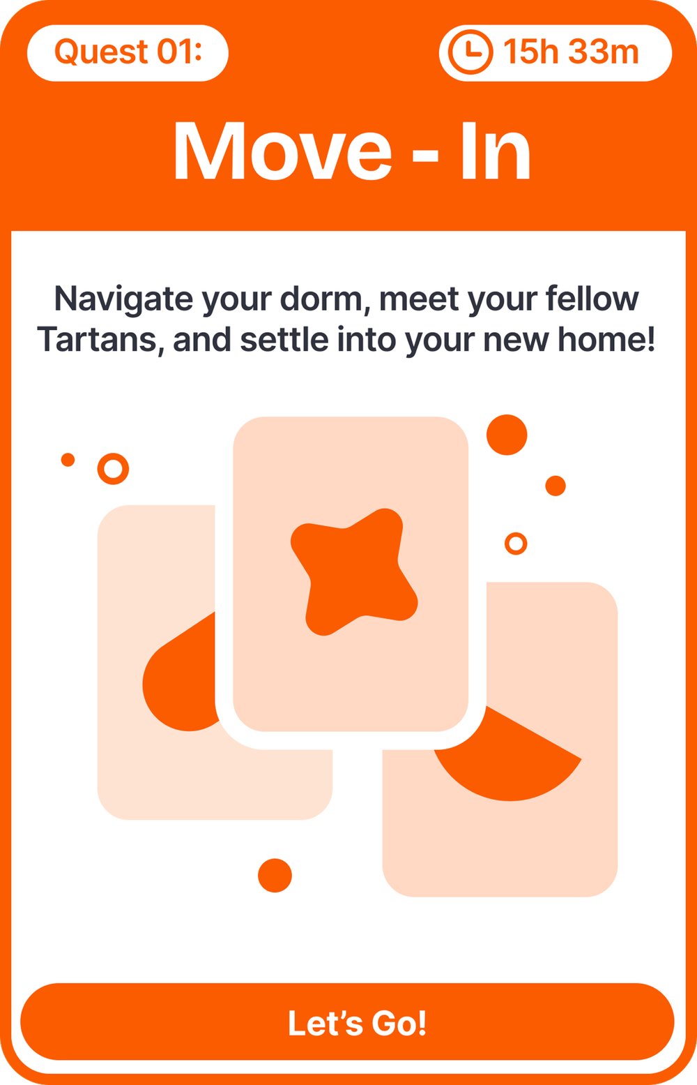 Move-In quest card with a timer and a Let's Go button