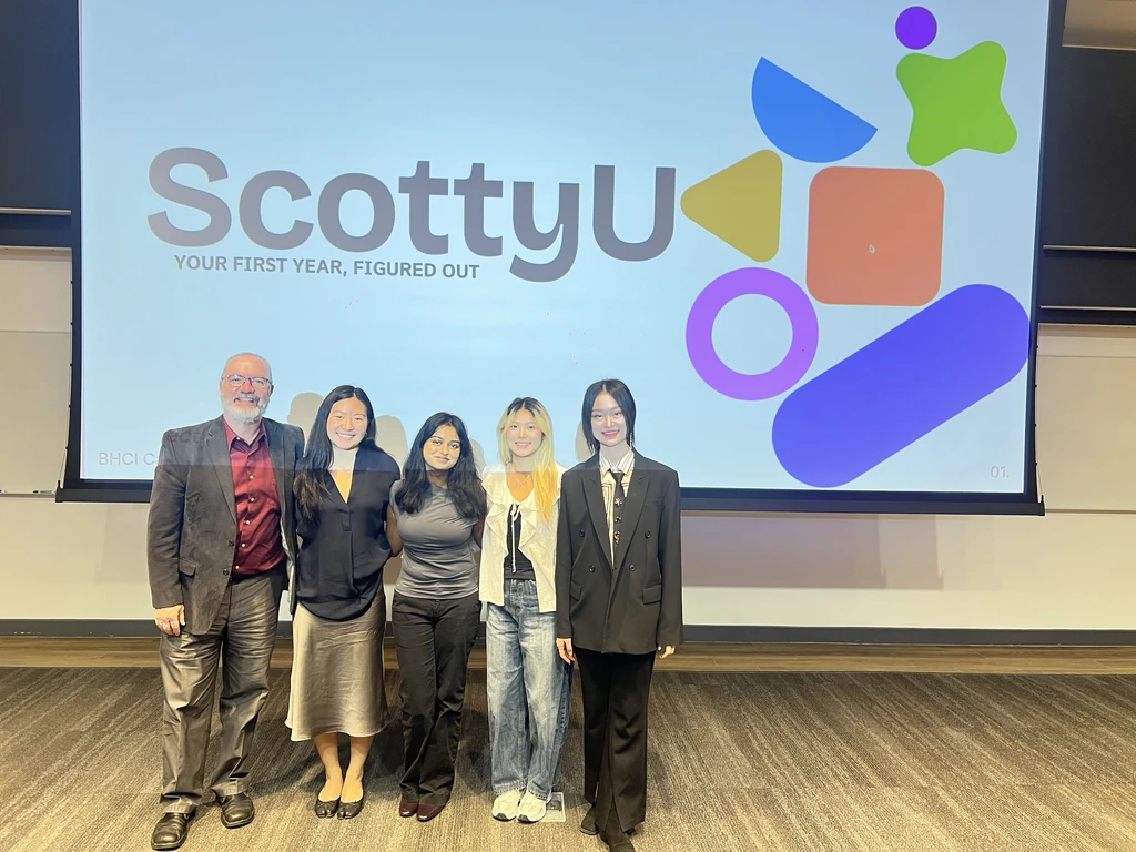 The ScottyU team in front of the final presentation, titled Your first year, figured out