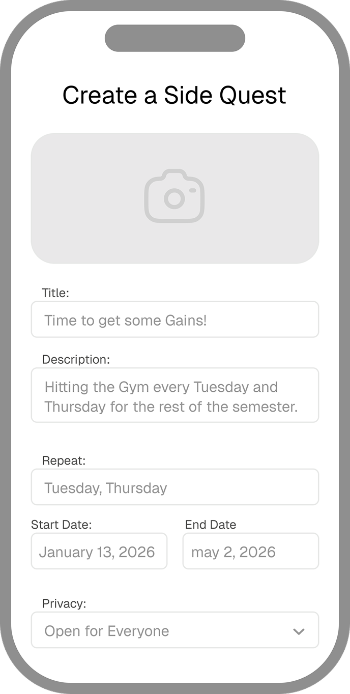 Create a Side Quest screen with title, schedule, dates, and privacy