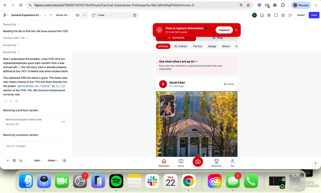 Figma Make prototype of the Moments feed during an AI-assisted design session